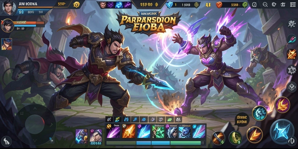 Tangkapan layar gameplay 55RP dengan pertarungan strategis di arena.