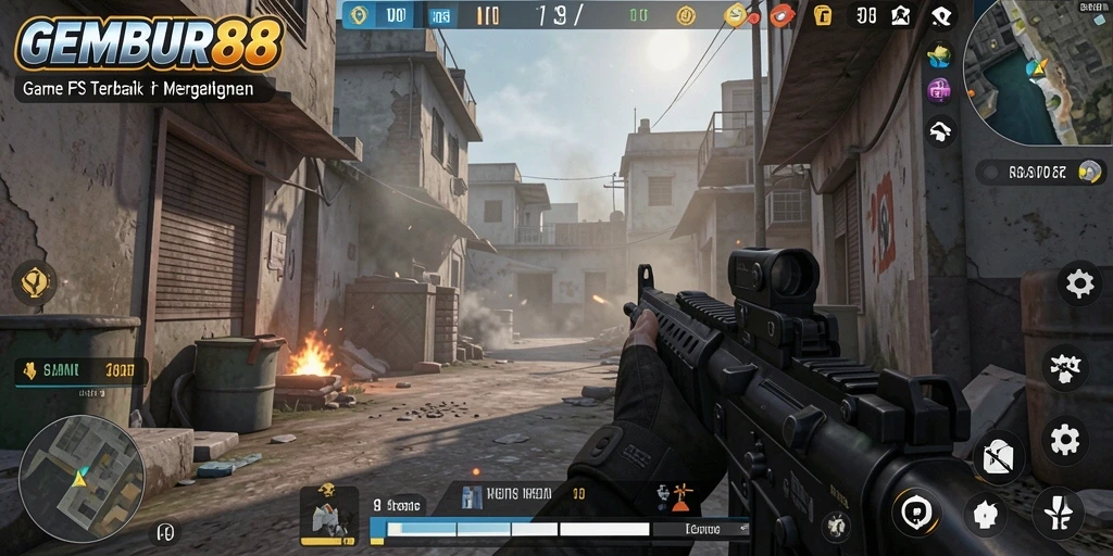 Screenshot permainan <strong>GEMBUR88</strong> menampilkan aksi seru dalam pertempuran FPS.