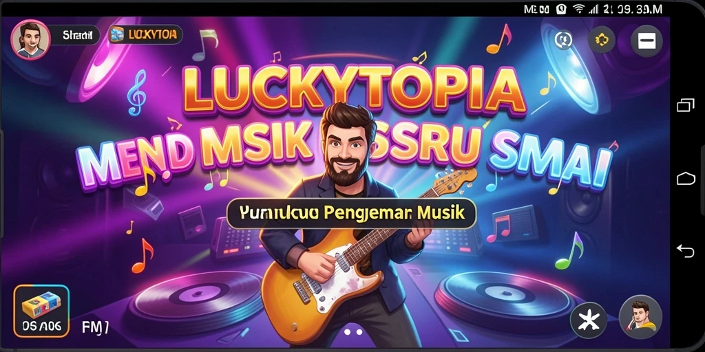 Tampilan screenshot dari gameplay LUCKYTOPIA menampilkan antarmuka musik yang menyenangkan.