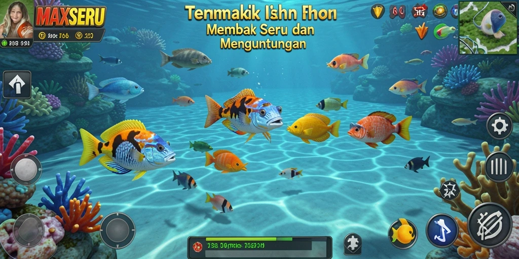 Screenshot gameplay MAXSERU menampilkan aksi seru menangkap ikan.
