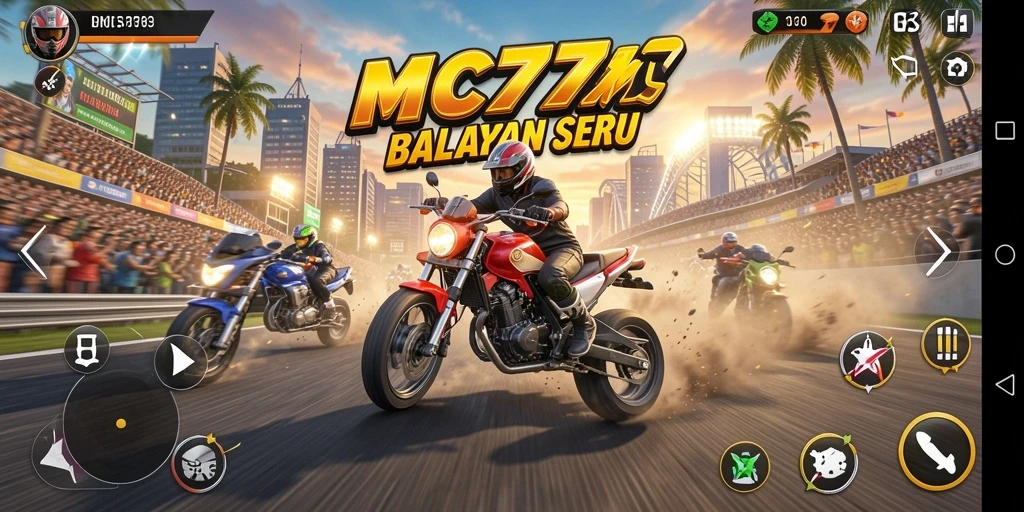 Screenshot gameplay MC777 menampilkan aksi balapan yang intens.