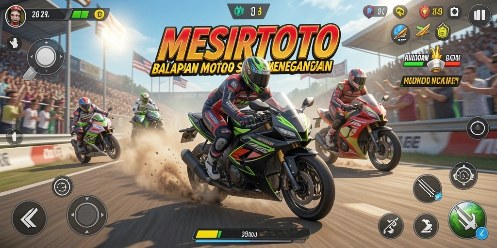 Tangkapan layar gameplay seru dari MESIRTOTO dengan balapan motor yang menegangkan.