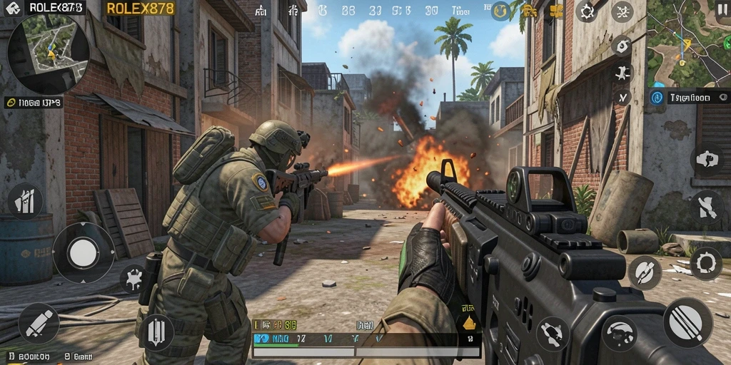 Screenshot gameplay ROLEX878 menunjukkan pertempuran intens TPS.