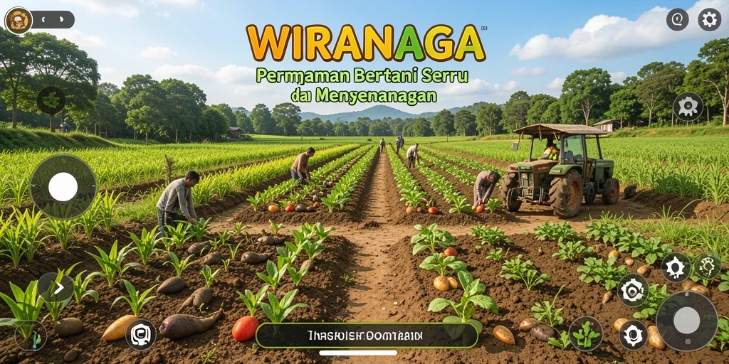 Screenshot gameplay WIRANAGA yang menunjukkan ladang subur dan hewan peliharaan.